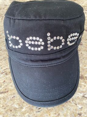 Bebe Rhinestone Embellished Black Cadet Cap - adjustable